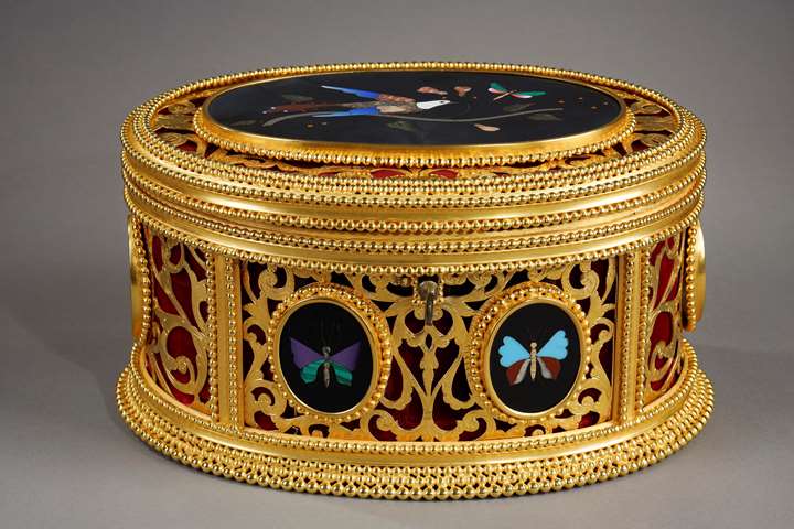 A jewellery box in pietra dura ormulu mounted by Tahan